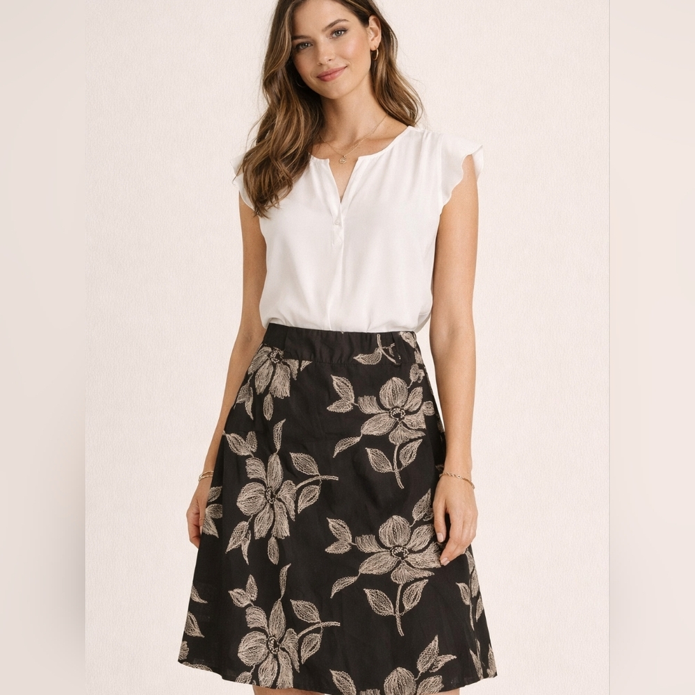 Dalia Collection Black Cream Floral A-Line Midi Skirt Size 8